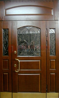 Коричневая стальная парадная дверь со вставками из стекла и ковки ДПР-30 в Йошкар-Оле