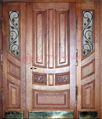 Коричневая стальная парадная дверь со стеклом и ковкой ДПР-35 в Йошкар-Оле