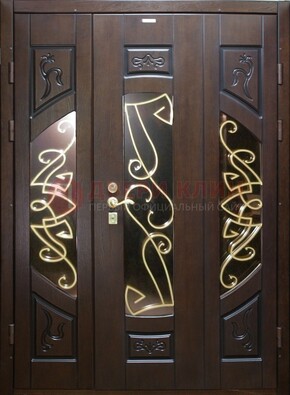Темная железная парадная дверь со стеклом и ковкой ДПР-1 в Йошкар-Оле