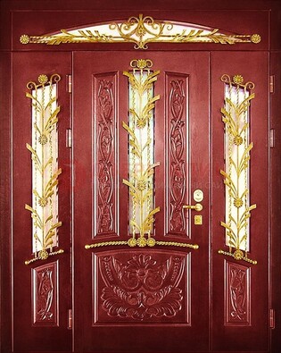 Бордовая железная парадная дверь со стеклом и ковкой ДПР-75 в Йошкар-Оле
