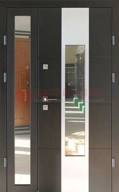 Темная полуторная стальная дверь со стеклом ДС-10 в Йошкар-Оле
