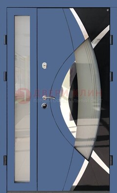 Синяя металлическая дверь со стеклом и узором ДС-13 в Йошкар-Оле