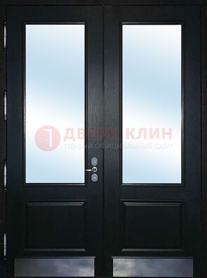 Черная двухстворчатая металлическая дверь со стеклом ДС-25 в Йошкар-Оле