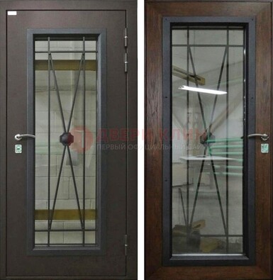 Коричневая железная дверь со стеклом для частного дома ДС-8 в Йошкар-Оле