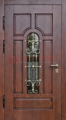 Cтальная дверь со стеклом и ковкой в коричневом цвете ДСК-119 в Йошкар-Оле