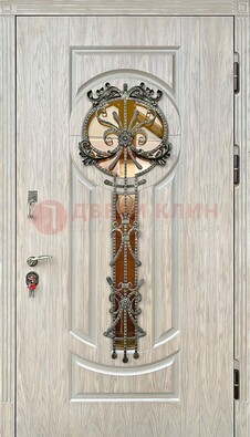 Светлая железная дверь со стеклом ковкой для коттеджа ДСК-134 в Йошкар-Оле