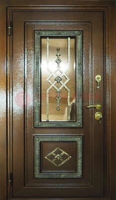 Коричневая входная дверь со стеклом и ковкой разноцветной ДСК-13 в Йошкар-Оле