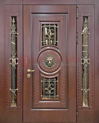 Коричневая стальная дверь со стеклом и ковкой ДСК-147 с фрамугами в Йошкар-Оле