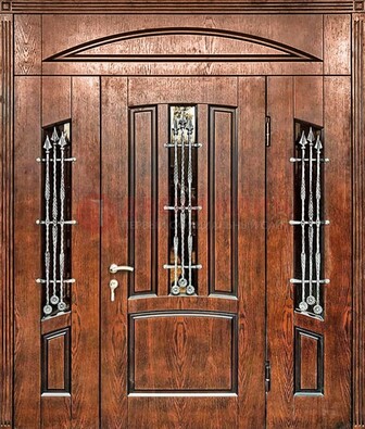 Стальная дверь со стеклом и ковкой с фрамугами ДСК-149 коричневая в Йошкар-Оле