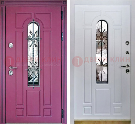 Розовая металлическая дверь со стеклом и ковкой ДСК-151 в Йошкар-Оле