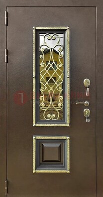 Входная дверь порошок со стеклом и ковкой для коттеджа ДСК-166 в Йошкар-Оле