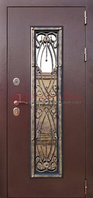 Коричневая стальная дверь порошок со стеклом и ковкой для дома ДСК-169 в Йошкар-Оле