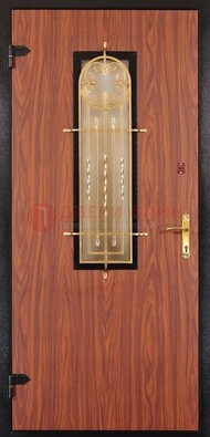 Коричневая металлическая дверь со стеклом и ковкой золотой ДСК-16 в Йошкар-Оле