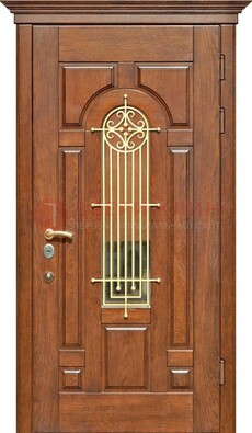 Коричневая железная дверь винорит со стеклом и ковкой ДСК-189 в Йошкар-Оле