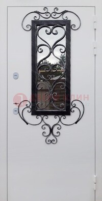 Белая уличная дверь Порошок со стеклом и ковкой ДСК-222 в Пушкино