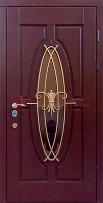 Бордовая стальная дверь Винорит со стеклом и ковкой ДСК-263 в Йошкар-Оле