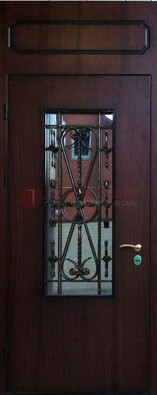 Коричневая стальная дверь со стеклом и ковкой ДСК-32 в Йошкар-Оле