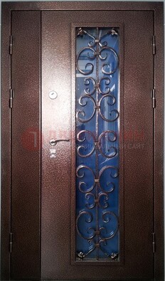 Коричневая металлическая дверь со стеклом и ковкой ДСК-4 в Йошкар-Оле