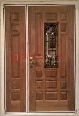 Коричневая стальная дверь со стеклом и ковкой ДСК-68 в Йошкар-Оле