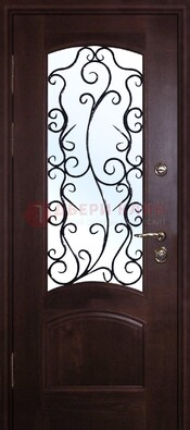 Коричневая металлическая дверь со стеклом и ковкой ДСК-6 в Йошкар-Оле