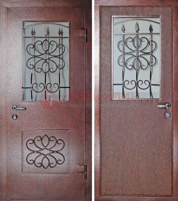 Коричневая железная дверь с прозрачным стеклом и ковкой ДСК-85 в Йошкар-Оле