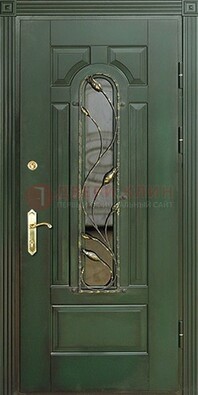 Зеленая железная дверь со стеклом и ковкой ДСК-9 в Йошкар-Оле