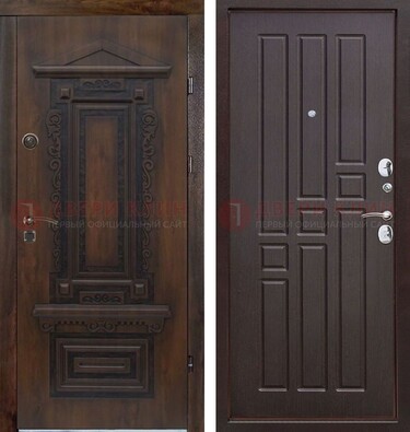Железная коричневая уличная дверь с виноритом и МДФ Шоколад ДВТ-124 в Йошкар-Оле