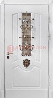 Белая металлическая дверь с виноритом и стеклом с ковкой ДВТ-165 в Йошкар-Оле