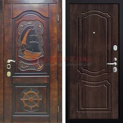 Темная железная дверь с виноритом и резьбой ДВТ-53 в Йошкар-Оле
