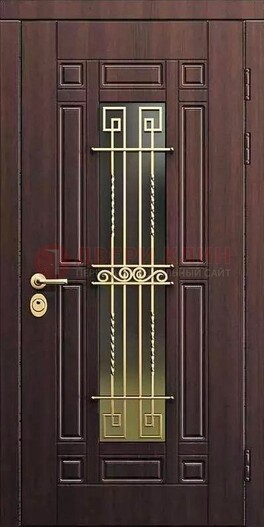 Уличная коричневая дверь с виноритом и панелью Тисненый орех ДВТ-95