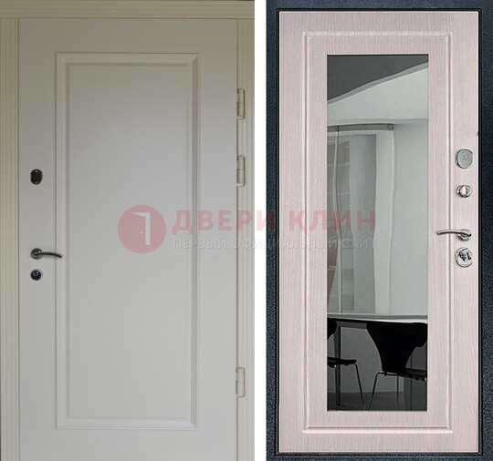 Стальная светлая дверь c МДФ Белый дуб с зеркалом ДЗ-102