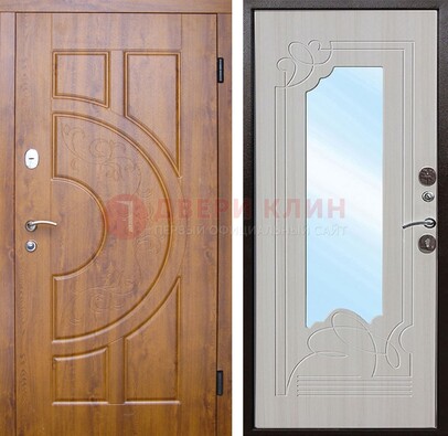 Коричневая металлическая дверь c МДФ с узором и зеркалом ДЗ-105 в Санкт-Петербурге