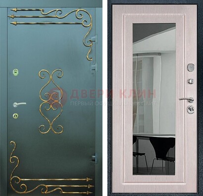 Железная темная дверь c порошковым напылением и МДФ Белый дуб с зеркалом ДЗ-110 в Санкт-Петербурге