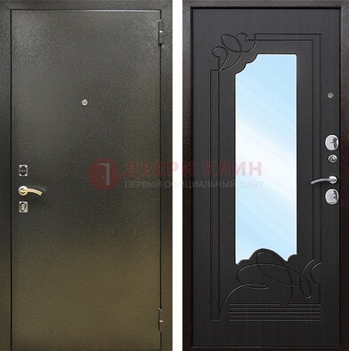 Железная темная дверь c порошковым напылением и МДФ с узором и зеркалом ДЗ-111 в Санкт-Петербурге