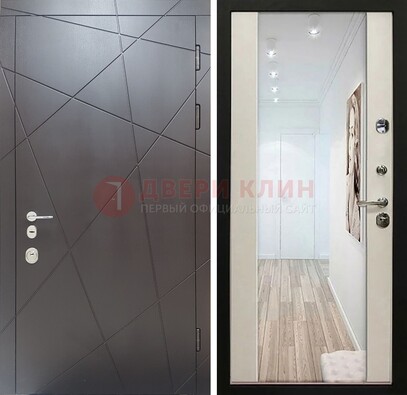 Железная коричневая дверь со светлой МДФ внутри и зеркалом ДЗ-125 в Химках