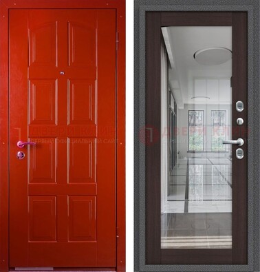 Красная металлическая дверь с МДФ и зеркалом ДЗ-136 в Йошкар-Оле