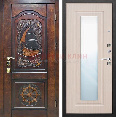 Темная уличная дверь с резьбой и зеркалом внутри ДЗ-49 в Йошкар-Оле