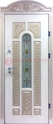 Белая железная дверь с МДФ и витражом ВЖ-26 в Йошкар-Оле