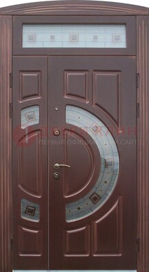 Коричневая двухстворчатая железная дверь с МДФ и витражом ВЖ-29 в Йошкар-Оле