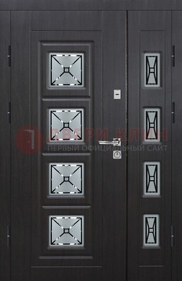 Чёрная двухстворчатая железная дверь с МДФ и витражом ВЖ-35 в Йошкар-Оле