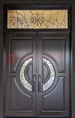 Чёрная двухстворчатая железная дверь с МДФ и витражом ВЖ-38 в Йошкар-Оле