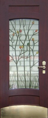 Бордовая стальная дверь с витражом и декоративным элементом ВЖ-3 в Йошкар-Оле